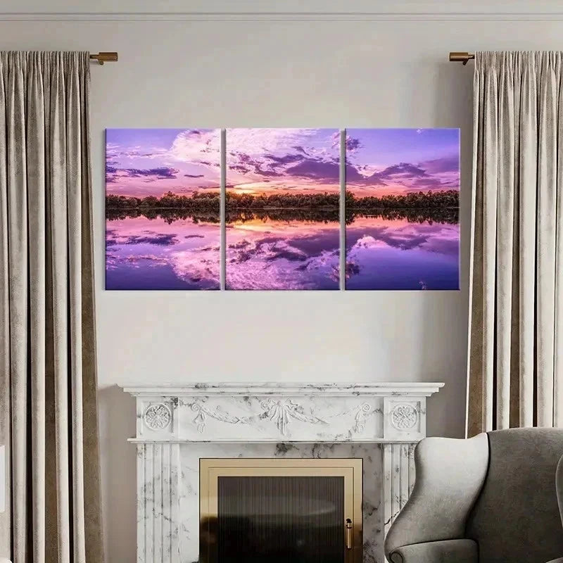 3pcs Purple Sky Lake and Mountain Scenery Wall Art Set Canvas Framed 50x70cm - High Quality Print 100% Australian Made Wall Canvas Ready to Hang