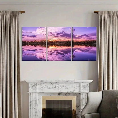 3pcs Purple Sky Lake and Mountain Scenery Wall Art Set Canvas Framed 50x70cm - High Quality Print 100% Australian Made Wall Canvas Ready to Hang