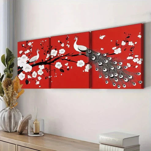 3 PCS Modern Peacock & Floral Design Wall Art Set Canvas Unframed - High Quality Print 100% Australian Made Wall Canvas