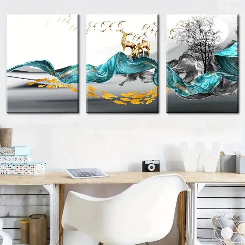 3pcs Abstract Stunning Golden Blue Themed Metal Print Ready to Hang Art - Bella Home Decor
