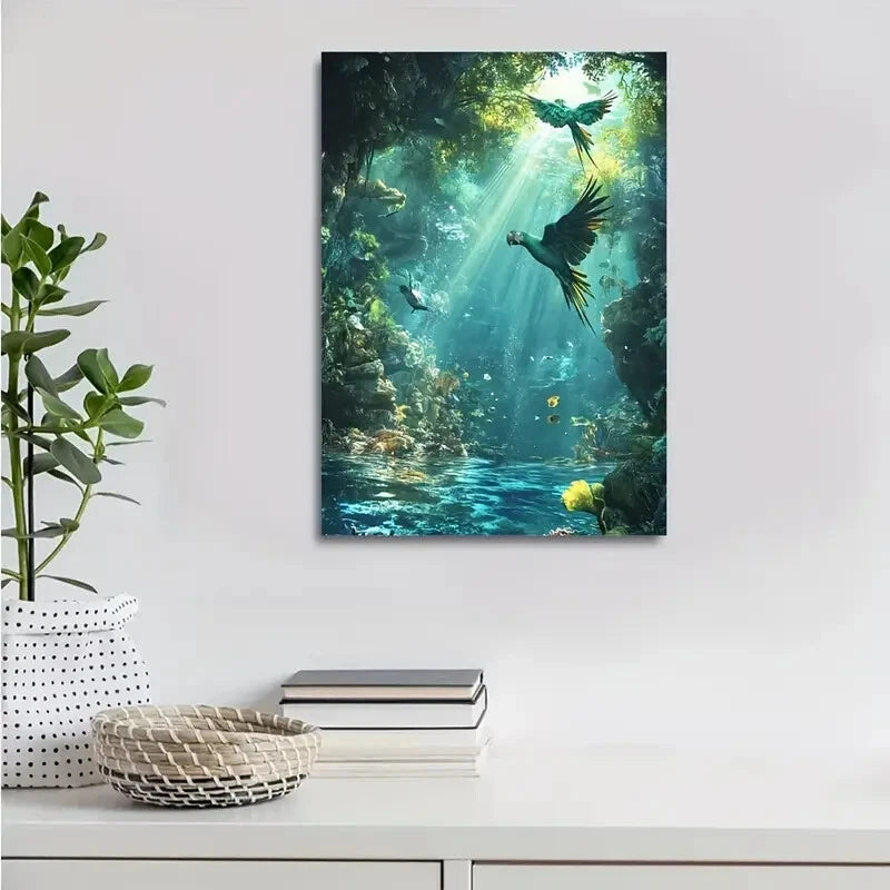 Steampunk Parrot Underwater Scene Vibrant Painting 40x60cm Metal Print Ready to Hang - Bella Home Decor