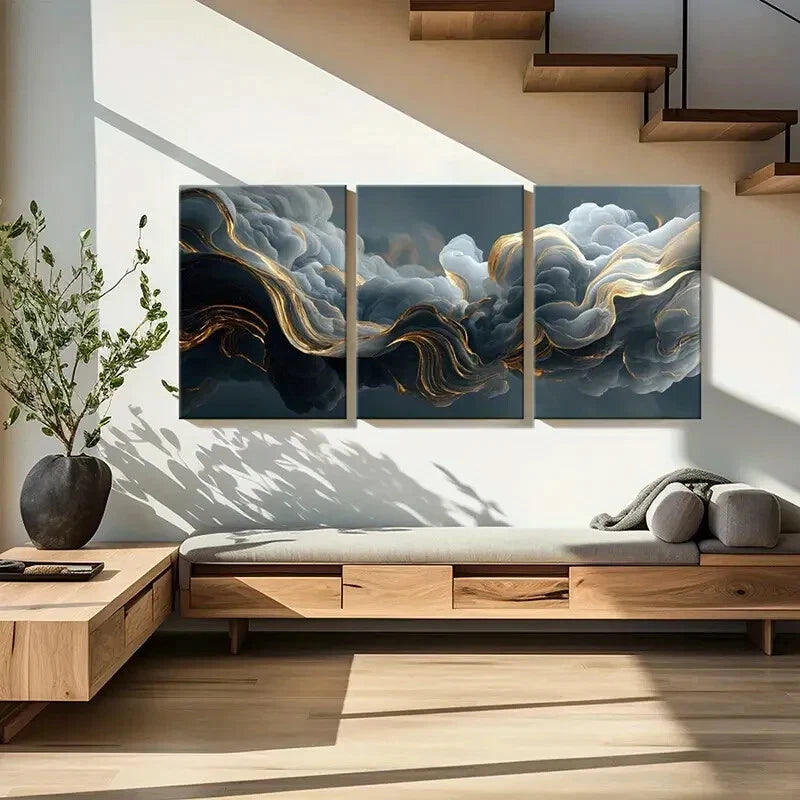 3pcs Abstract Cloudscape Art Golden Waves Metal Print Ready to Hang Art