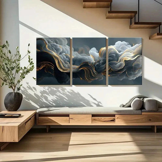 3pcs Abstract Cloudscape Art Golden Waves Metal Print Ready to Hang Art