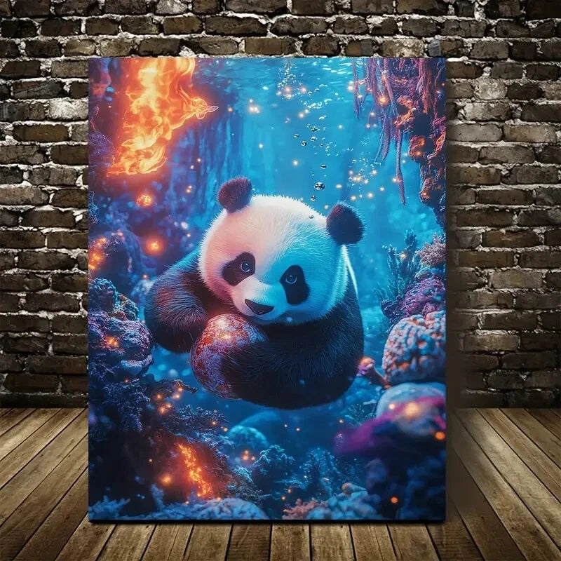Panda Playing with a Ball Underwater In a Coral Reef 40x60cm Metal Print Ready to Hang - Bella Home Decor