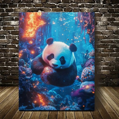 Panda Playing with a Ball Underwater In a Coral Reef 40x60cm Metal Print Ready to Hang - Bella Home Decor