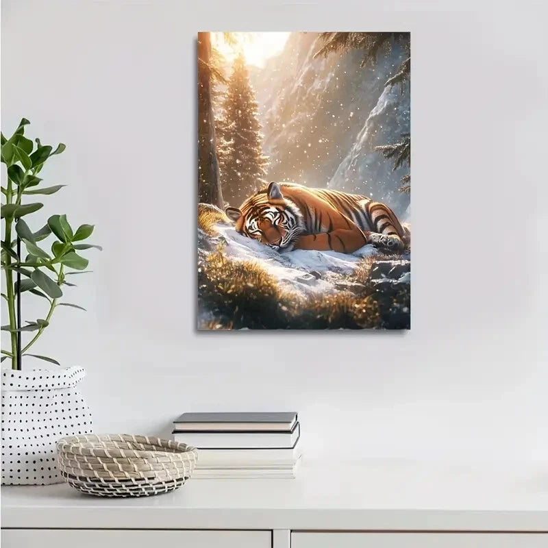 Sunlit Snowy Mountain Scene Style Tiger Painting 40x60cm Metal Print Ready to Hang - Bella Home Decor