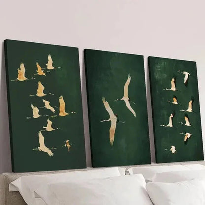 3pcs Cranes in Emerald Green Backdrop Wall Art Canvas Unframed - High Quality Print 100% Australian Made Wall Canvas - Bella Home Decor