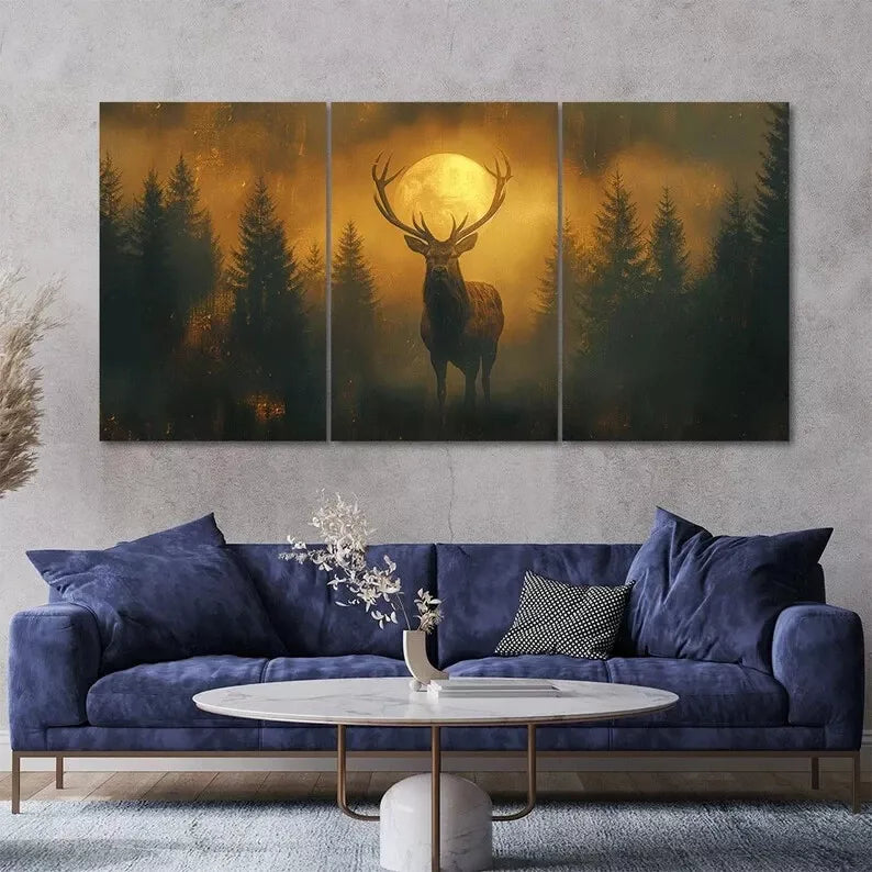 Mysterious Red Deer Stag Standing in a Foggy Forest 3 Pcs Canvas Framed 40x60cm - High Quality Print 100% Australian Made Wall Canvas Ready to Hang - Bella Home Decor