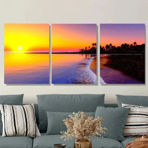 3pcs Beautiful Sunset Beach Ocean & Palm Tree Wall Art Set Canvas Unframed - High Quality Print 100% Australian Made Wall Canvas - Bella Home Decor