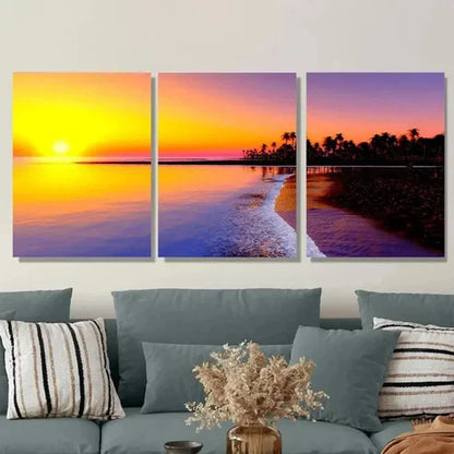 3pcs Beautiful Sunset Beach Ocean & Palm Tree Wall Art Set Canvas Unframed - High Quality Print 100% Australian Made Wall Canvas - Bella Home Decor