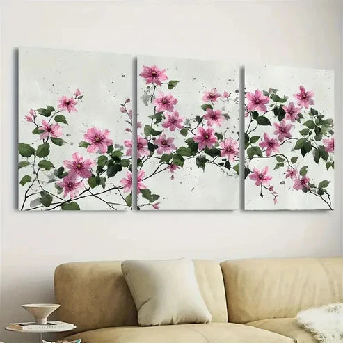 3pcs Japanese Style Soft Pink Flowers Wall Art Canvas Unframed - High Quality Print 100% Australian Made Wall Canvas - Bella Home Decor