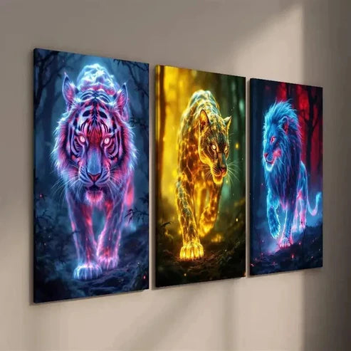 3pcs Glowing Wild Animal Tiger Cheetah and Lion Wall Art Set Canvas Unframed - High Quality Print 100% Australian Made Wall Canvas - Bella Home Decor