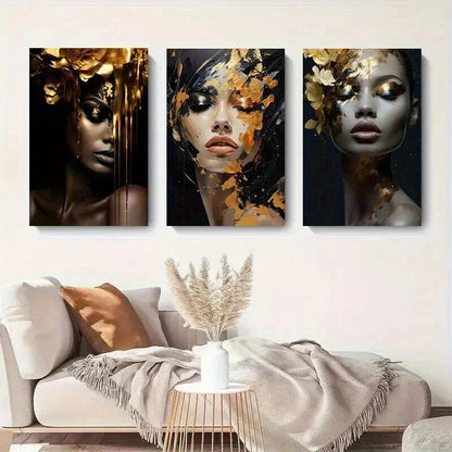 3pcs Golden Floral Portrait Women Décor Perfect Wall Art Set Canvas Framed 50x70cm - High Quality Print 100% Australian Made Wall Canvas Ready to Hang - Bella Home Decor