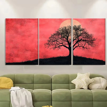3pcs Abstract Pink Sky with Black Tree Silhouette Metal Print Ready to Hang Art - Bella Home Decor