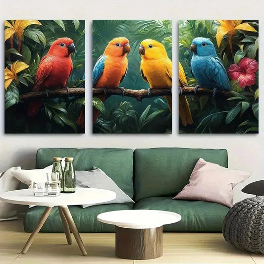 3pcs Vibrant Tropical Birds in Jungle Wall Art Set Canvas Framed 50x70cm - High Quality Print 100% Australian Made Wall Canvas Ready to Hang - Bella Home Decor
