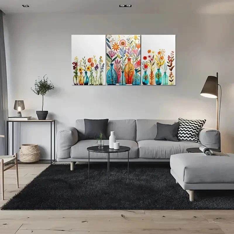 3pcs Colorful Decor with Vases and Flowers Metal Print Ready to Hang Art - Bella Home Decor