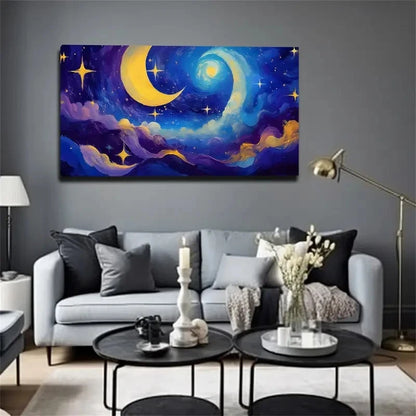Blue Night Sky Moon & Stars Wall Art Canvas Office Home Room Framed 120x60cm