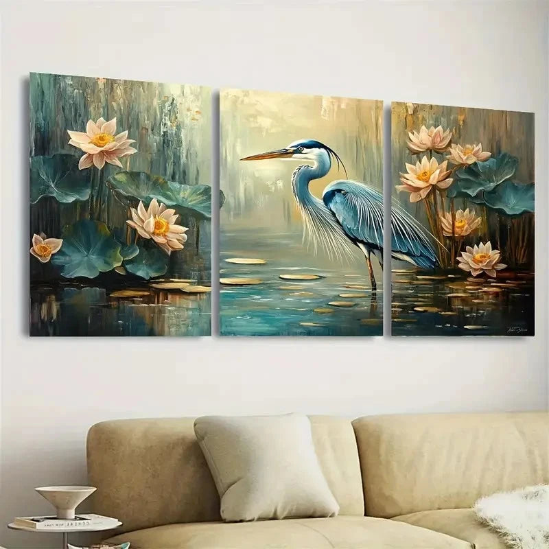 3pcs Tranquil Blue Heron & Lotus Flowers Wall Art Set Canvas Framed 60x90cm - High Quality Print 100% Australian Made Wall Canvas Ready to Hang - Bella Home Decor