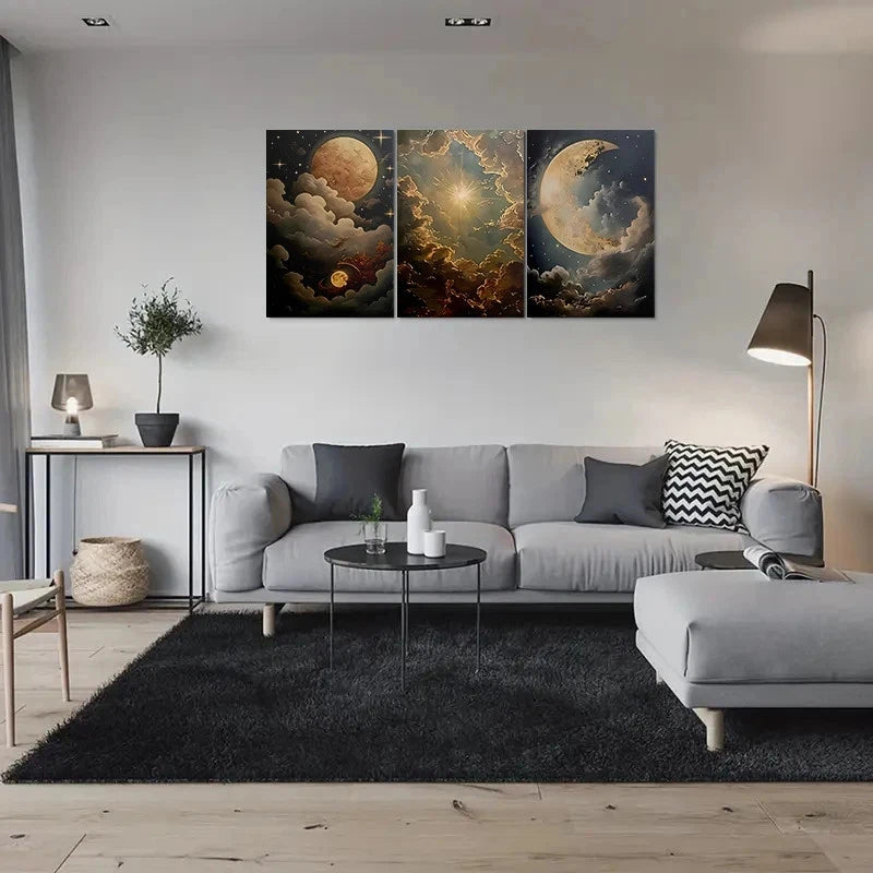 3pcs Starry Night Sky Celestial Moon Clouds Metal Print Ready to Hang Art - Bella Home Decor