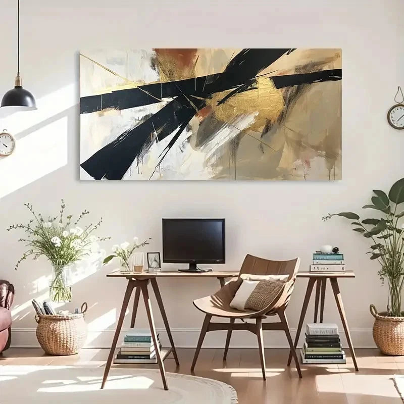 Modern Abstract Black And Golden Wall Art Canvas Office Home Room Framed 120x60cm - Bella Home Decor