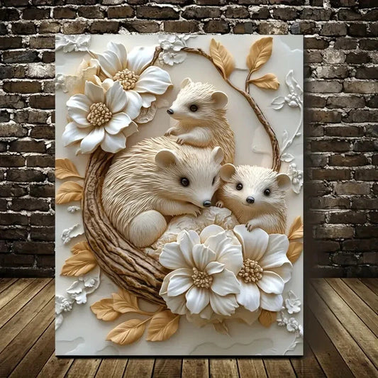 Featuring Hedgehogs Among Heart Painting  40x60cm Metal Print Ready to Hang - Bella Home Decor