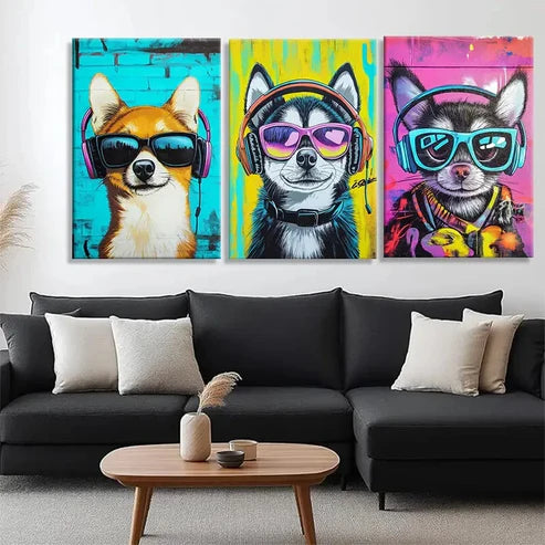 3pcs Cool Dogs in Headphones Pop Style Perfect Wall Art Canvas Unframed - High Quality Print 100% Australian Made Wall Canvas - Bella Home Decor