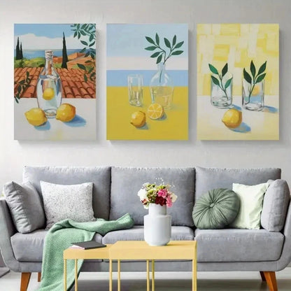 3pcs Lemon, Wine Bottle, Wine Glass Wall Art Set Canvas Framed 40x60cm - High Quality Print 100% Australian Made Wall Canvas Ready to Hang