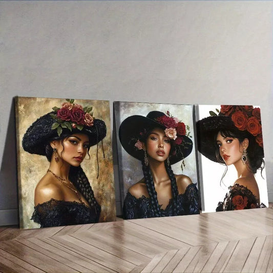3pcs A Stunning Woman Wearing A Black Sombrero Wall Art Set Canvas Framed 50x70cm - High Quality Print 100% Australian Made Wall Canvas Ready to Hang