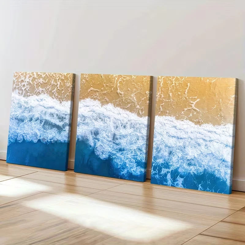 3pcs Ocean Waves, Sandy Beach Nature  Wall Art Set Canvas Framed 50x70cm - High Quality Print 100% Australian Made Wall Canvas Ready to Hang