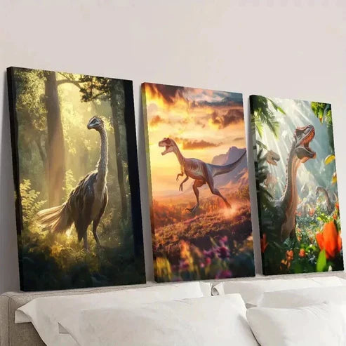 3pcs Feathered Dinosaurs in Forest Illustrations Wall Art Canvas Unframed - High Quality Print 100% Australian Made Wall Canvas