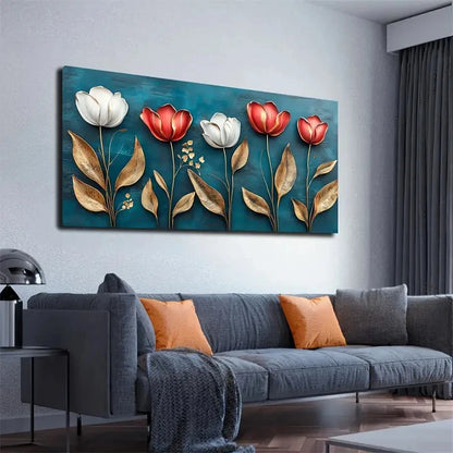 Tulips Golden Edge Wall Art Canvas Office Home Room Framed 120x60cm