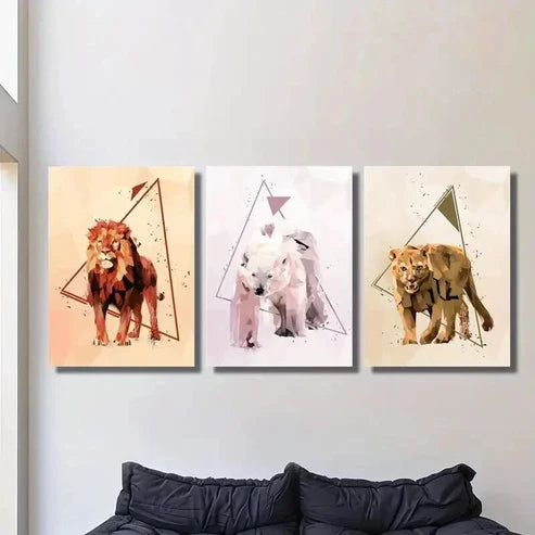 3pcs Abstract Geometric Lion Bear Animal  Wall Art Set Canvas Unframed - High Quality Print 100% Australian Made Wall Canvas - Bella Home Decor