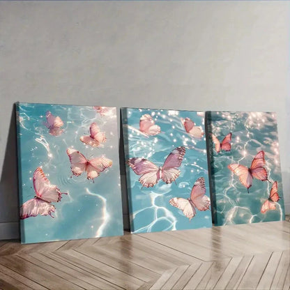 3pcs Several pink butterflies Wall Art Set Canvas Framed 60x90cm - High Quality Print 100% Australian Made Wall Canvas Ready to Hang