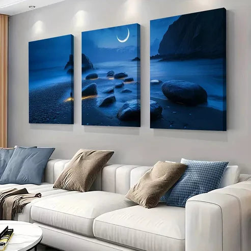 3pcs Tranquil Ocean Shore with Crescent Moon Wall Art Canvas Unframed - High Quality Print 100% Australian Made Wall Canvas