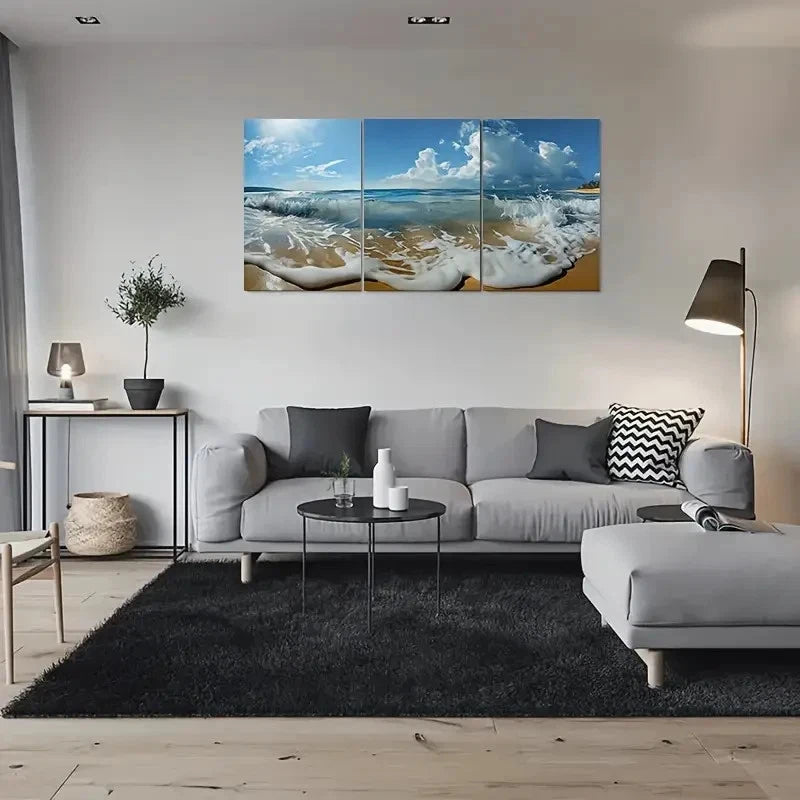 3pcs Beach Waves Ocean Scene Coastal Metal Print Ready to Hang Art - Bella Home Decor