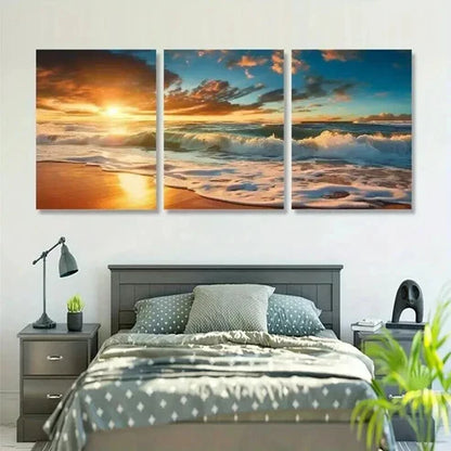 3pcs Ocean Waves & Sandy Shoreline at Sunset Wall Art Canvas Unframed - High Quality Print 100% Australian Made Wall Canvas