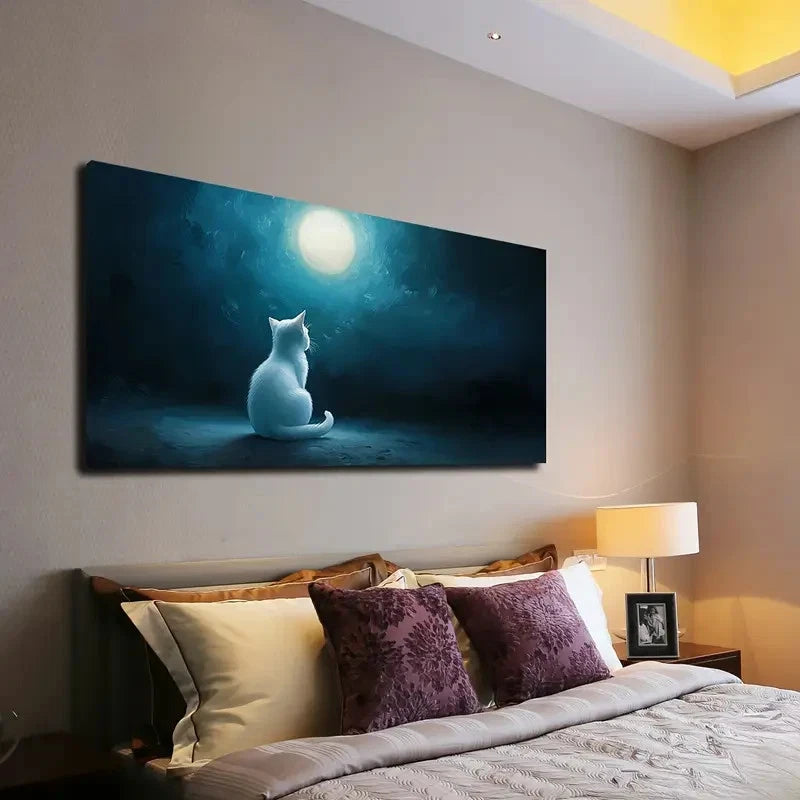 White Cat Gazing At Moon Wall Art canvas office home room framed 120x60cm