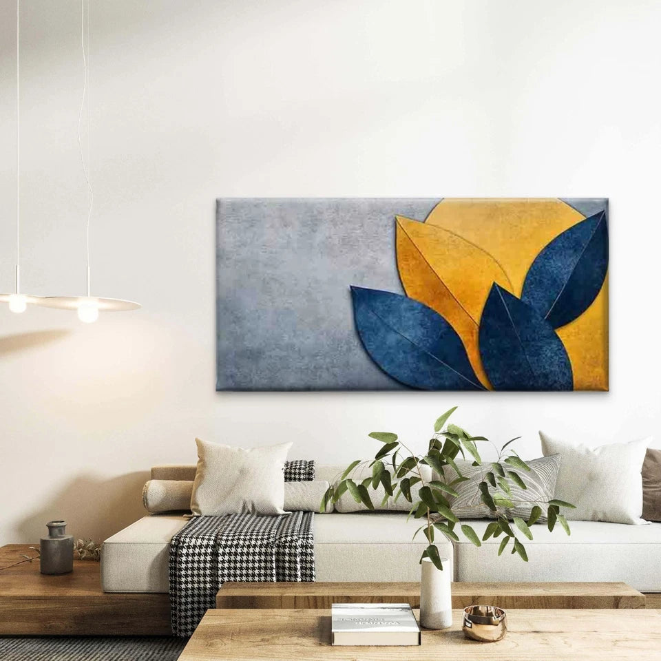 Abstract Leaf Blue And Yellow Wall Art Canvas Office Home Room Framed 120x60cm - Bella Home Decor