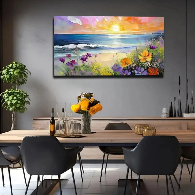 Beach Sunset Colorful Flower Wall Art Canvas Office Home Room Framed 120x60cm - Bella Home Decor