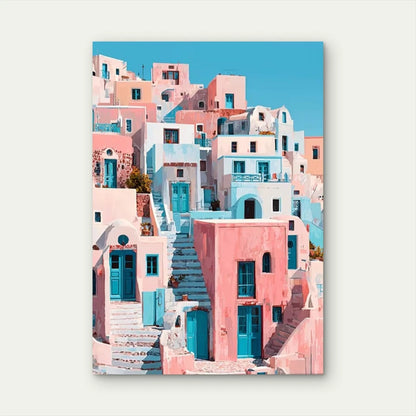 Pastel Pink & Blue Mediterranean Village Painting 60x90cm Metal Print Ready to Hang