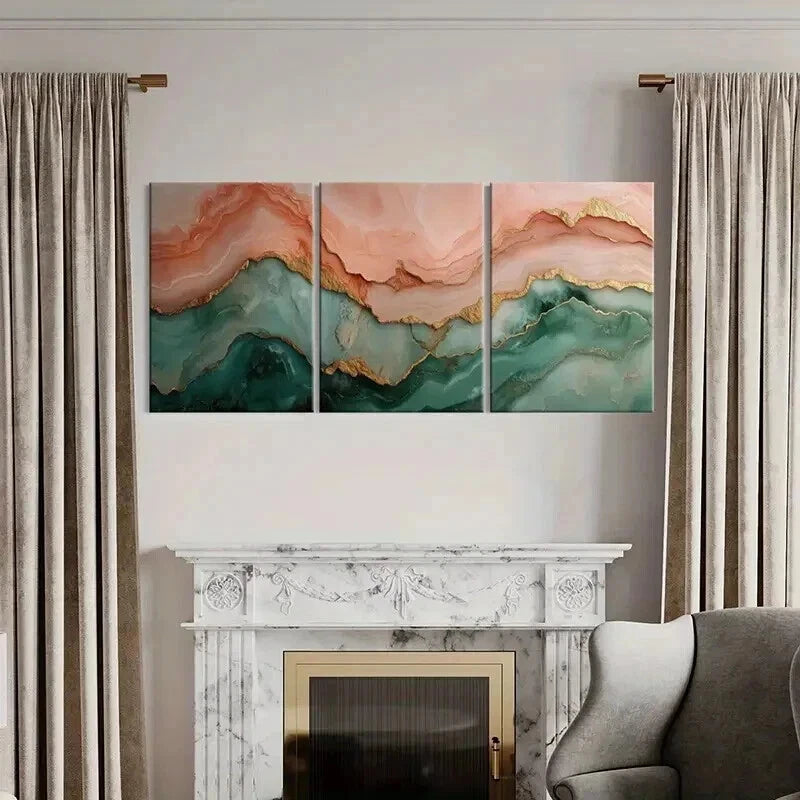 3pcs Teal and Pink with Golden Layered Abstract Wall Art Set Canvas Framed 40x60cm - High Quality Print 100% Australian Made Wall Canvas Ready to Hang
