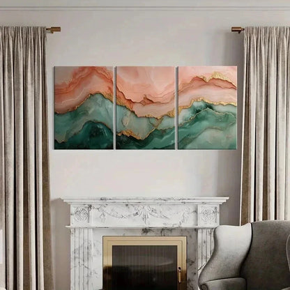 3pcs Teal and Pink with Golden Layered Abstract Wall Art Set Canvas Framed 40x60cm - High Quality Print 100% Australian Made Wall Canvas Ready to Hang