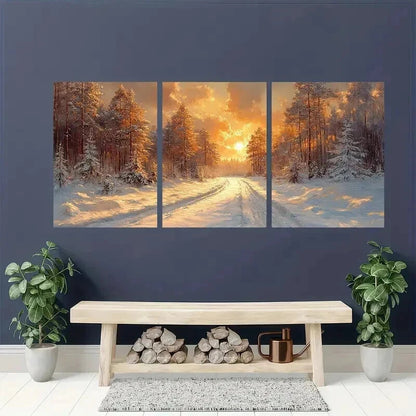 3pcs Snowy Forest with Golden Sunlight Wall Art Set Canvas Framed 50x70cm - High Quality Print 100% Australian Made Wall Canvas Ready to Hang - Bella Home Decor