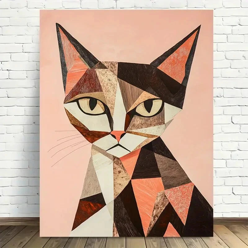 Beautiful Geometric Cat Modern Vintage Painting 40x60cm Metal Print Ready to Hang - Bella Home Decor