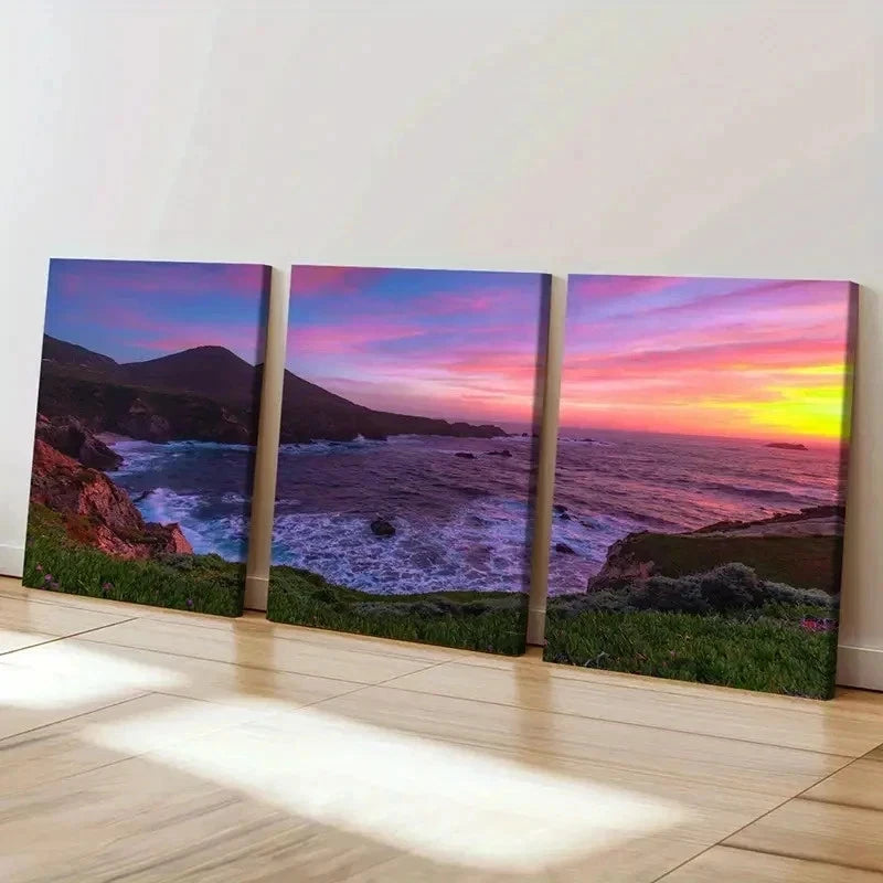 3pcs Mountain Seaside Sea Sunset Modern Wall Art Set Canvas Framed 60x90cm - High Quality Print 100% Australian Made Wall Canvas Ready to Hang - Bella Home Decor