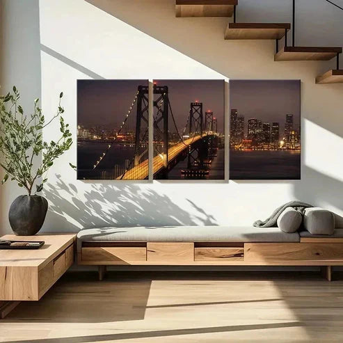3pcs Golden Gate Bridge at Night View  Wall Art Set Canvas Unframed - High Quality Print 100% Australian Made Wall Canvas - Bella Home Decor