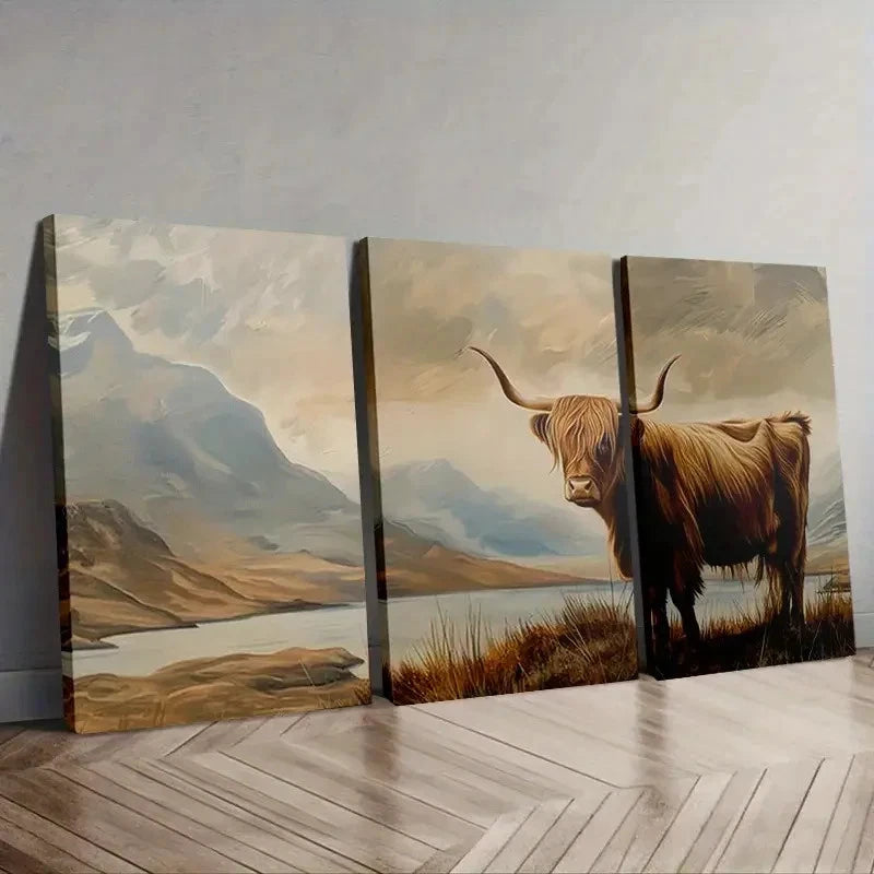 3pcs Scenic Landscape with Highland Cow Wall Art Set Canvas Framed 40x60cm - High Quality Print 100% Australian Made Wall Canvas Ready to Hang