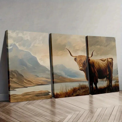 3pcs Scenic Landscape with Highland Cow Wall Art Set Canvas Framed 40x60cm - High Quality Print 100% Australian Made Wall Canvas Ready to Hang