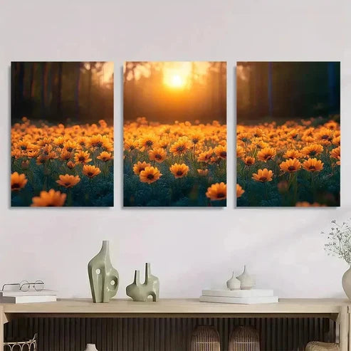 3pcs Orange Daisy Meadow Warm Sunlight Wall Art Canvas Unframed - High Quality Print 100% Australian Made Wall Canvas