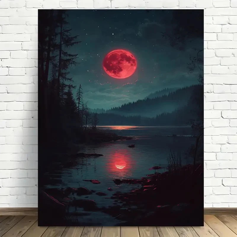 Beautiful Moonlit Forest Reflections Painting 40x60cm Metal Print Ready to Hang - Bella Home Decor